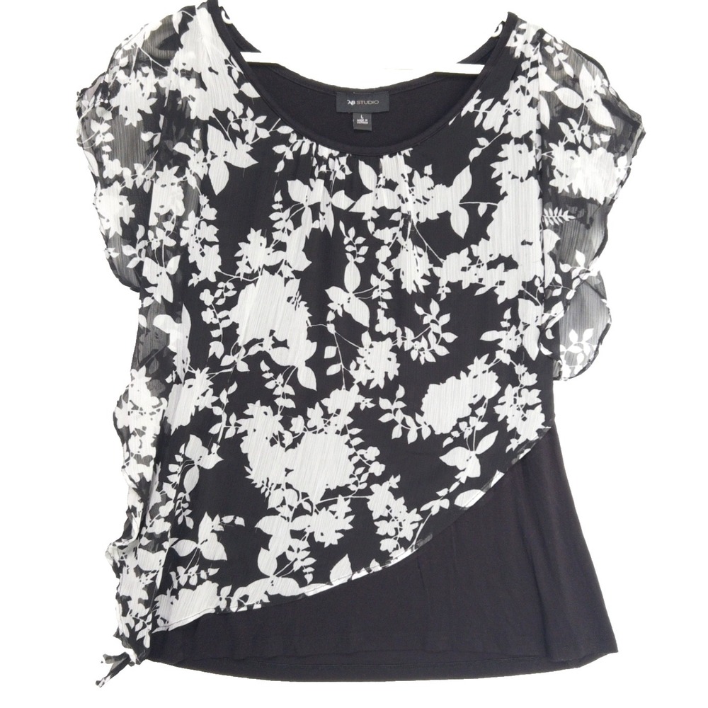 Y2k AB Studio Asymmetric Sheer Floral Chiffon Overlay Flutter Sleeve Top Women L